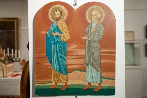 There are six icons depicting the twelve Apostles from an icon wall that stood in the Holy Ghost Ukrainian Catholic church as early as the 1950s. Here are two of them.