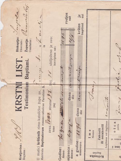 Christening record for Ivan Jerbich from 1895, in the Kingdom of Serbs, Croats, and Slovenes.