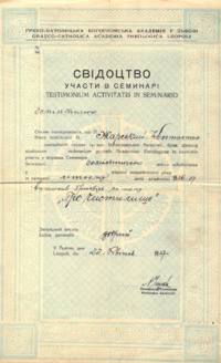 Certificate for the participation in the seminary at the Greek Catholic Theological Academy in Lvov. 