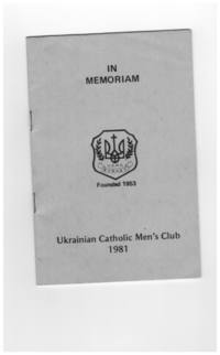 Memorial Service card for Ukrainian Catholic Men's Club; Mentioning Michael Horechuk, William Ojoleck, Michael Mahalic, George Kutney and Harry Ojoleck