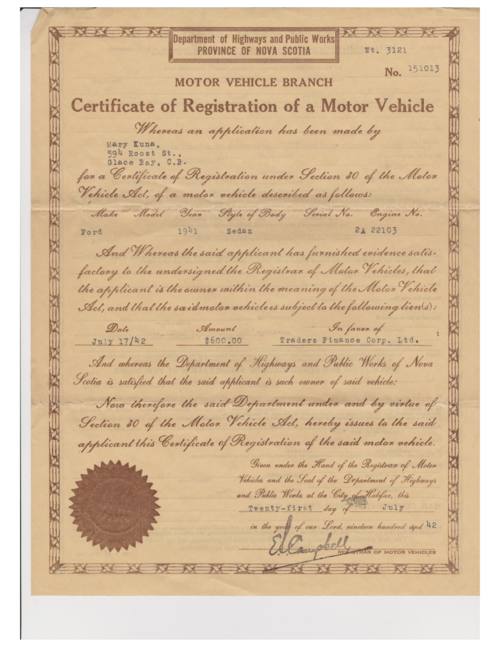 Certificate of registration of a Motor Vehicle for Mary Kuna.