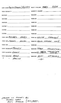 Family genealogical records of Timothy Kostey, including wife’s maiden name, brother, sister and their spouses' information as well as any children.